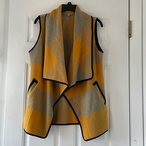 Womens Sleeveless Vest Plaid Hem Drape Open Front Cardigan-Yellow-S